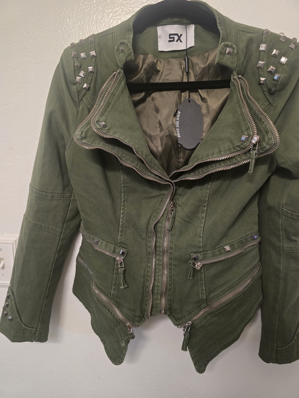 Olive Green Studded Utility Moto Jacket